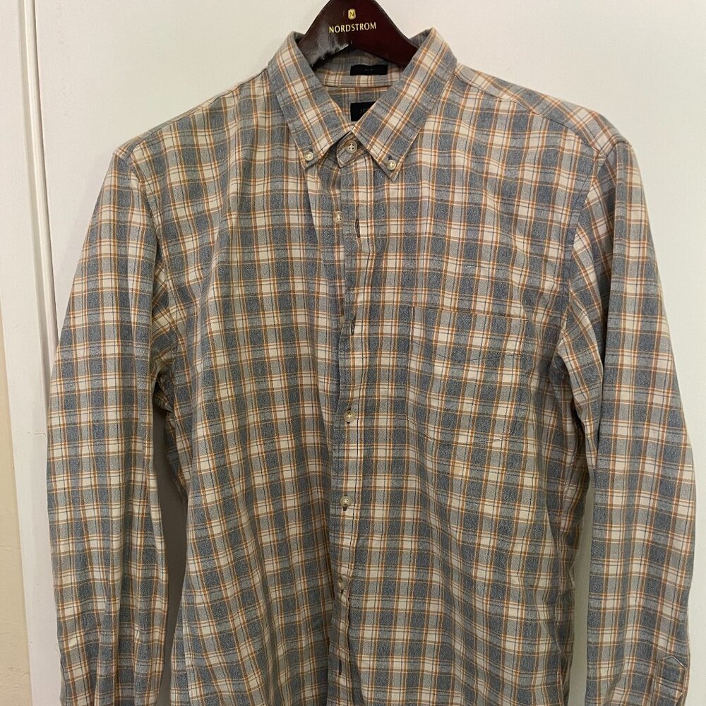 J. Crew Men’s Slim Fit Plaid Button-Down Shirt - Blue/Tan/White - Size L